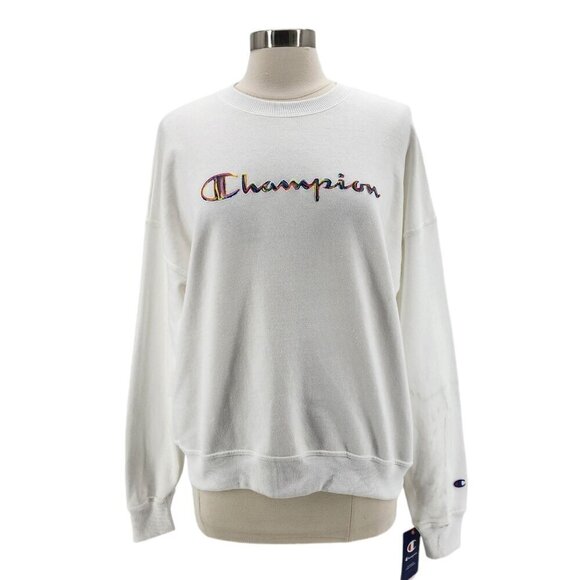 NWD Champion Powerblend White Multicolor Spell Out Sweatshirt Womens Large - Picture 1 of 13